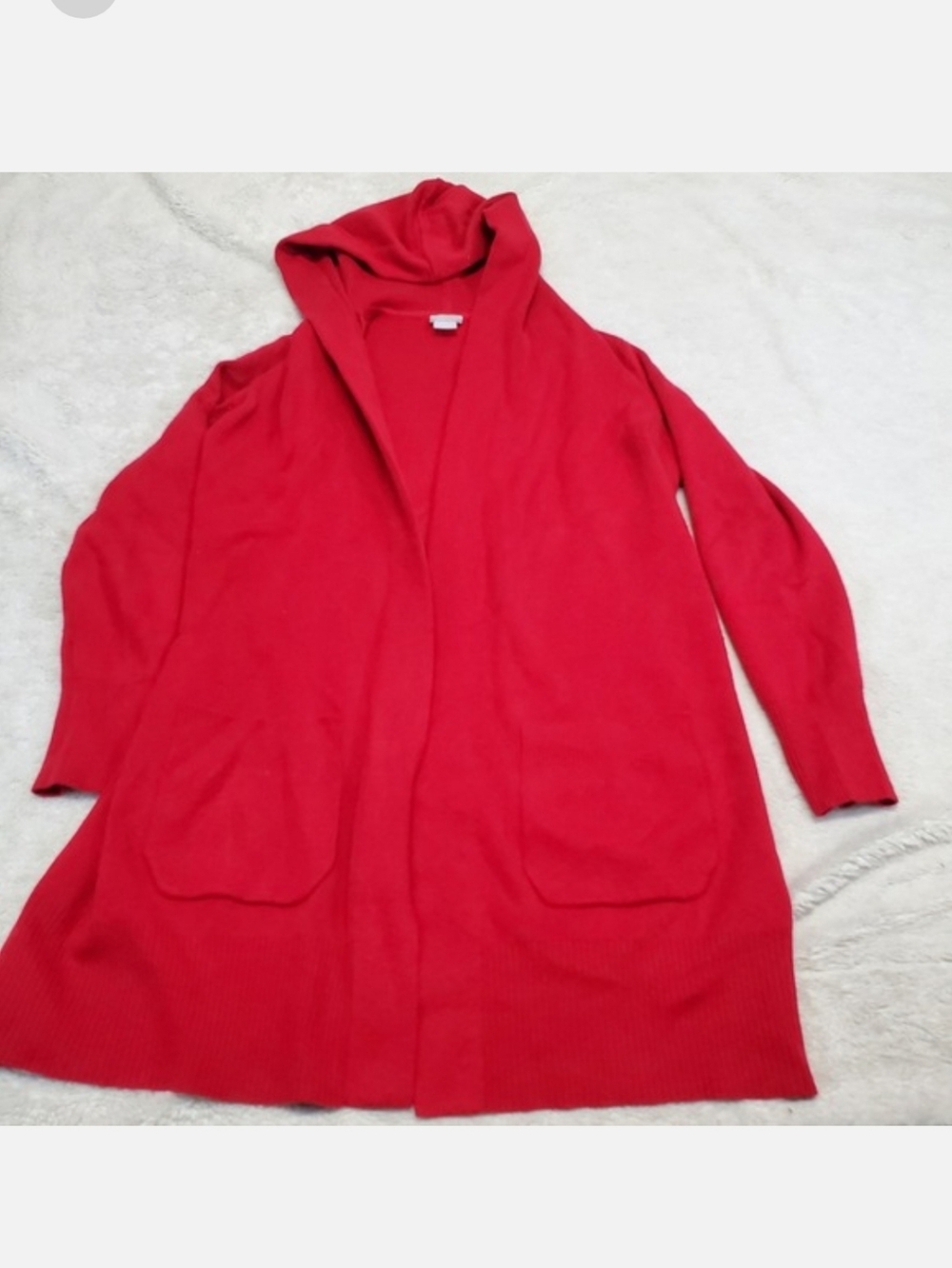 Chicos Cherry Red Knit Cashmere Blend Long Open Hoodie‎ Cardigan Small 0 Casual